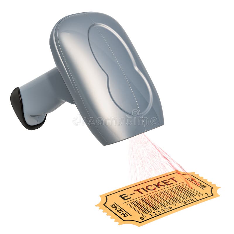 Barcode reader scanning bar code from e-ticket, 3D rendering stock illustration