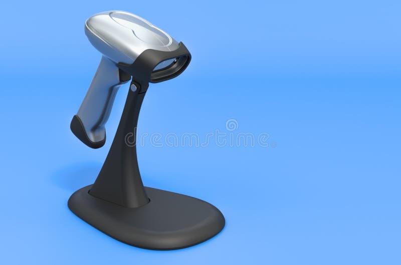 Barcode reader with stand on blue backdrop, 3D rendering royalty free illustration