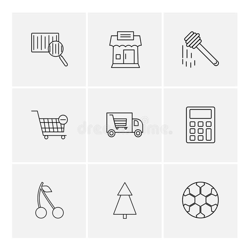 Barcode reader , truck , calculator , tree , honey , cherry ,fruits , calculator , tree , football , eps icons set vector stock illustration