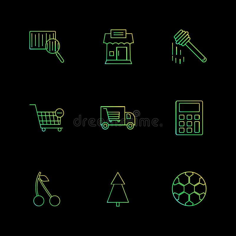 Barcode reader , truck , calculator , tree , honey , cherry ,fruits , calculator , tree , football , eps icons set vector royalty free illustration