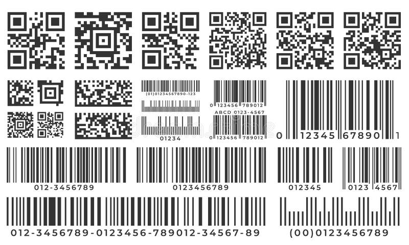 Barcodes Bildläsningsstångetikett, qrkod och industriell barcode Produktinventariumemblemet, koder gör randig klistermärke- och p