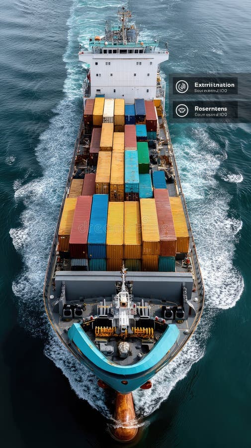 Barcos de carga navegan por el océano cargados de contenedores vibrantes mientras los íconos de la tecnología digital enlazan a un mapa global arriba. generado por IA
