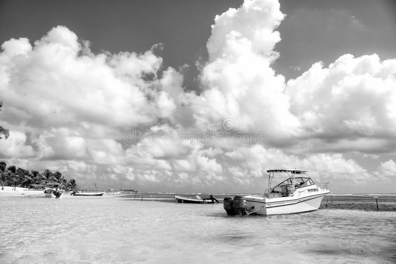Barcos de motor na praia tropical, Costa Maya, México imagens de stock royalty free Barcos de motor na praia tropical, Costa Maya, México imagens de stock royalty free