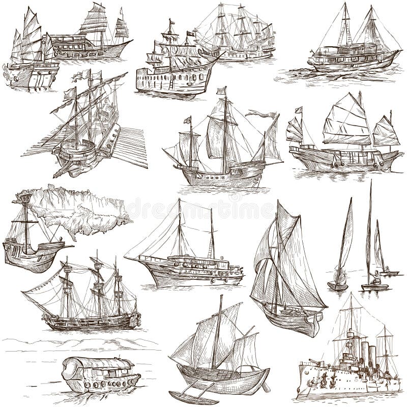 Boats and Ships around the World. Collection of an hand drawn illustrations. Description: Full sized hand drawn illustrations. Original freehand sketches on white background. Boats and Ships around the World. Collection of an hand drawn illustrations. Description: Full sized hand drawn illustrations. Original freehand sketches on white background.