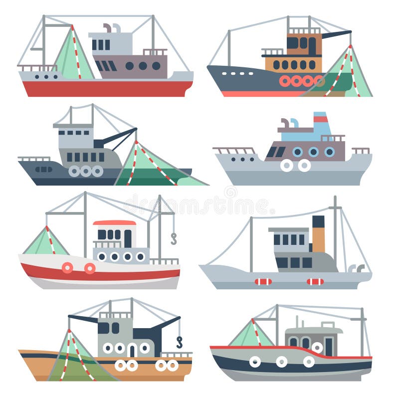 Barcos do oceano da pesca Grupo isolado do vetor do pescador navios comerciais ilustração do vetor Barcos do oceano da pesca Grupo isolado do vetor do pescador navios comerciais ilustração do vetor