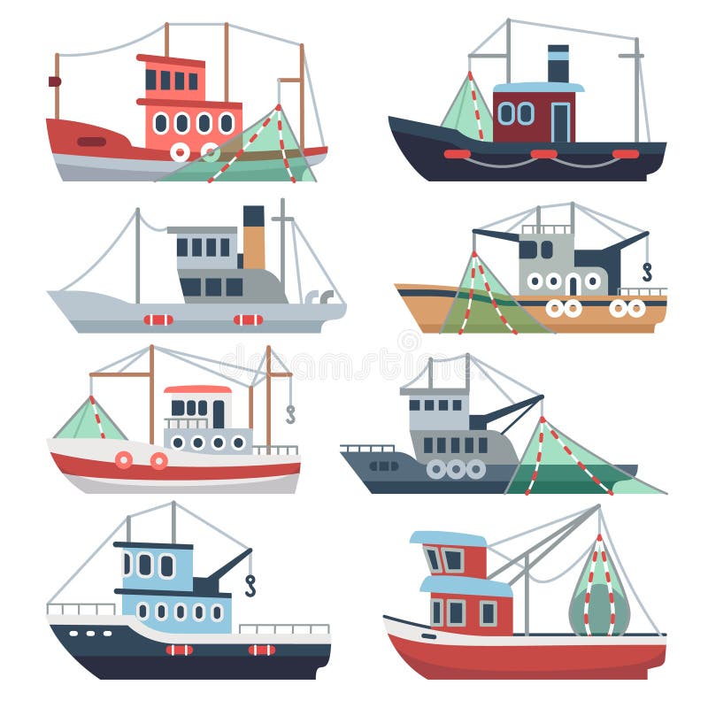 Barcos do oceano da pesca Traineiras comerciais, navios mar do pescador e grupo isolado embarcações do vetor do rio ilustração royalty free Barcos do oceano da pesca Traineiras comerciais, navios mar do pescador e grupo isolado embarcações do vetor do rio ilustração royalty free