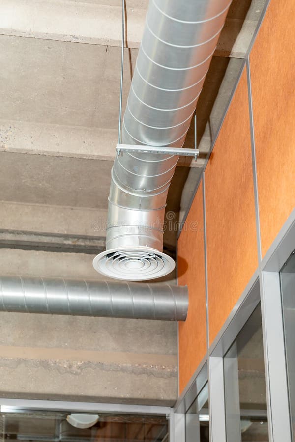 Bare Ceiling with Air Duct and Air Conditioner Pipe. Air Flow and