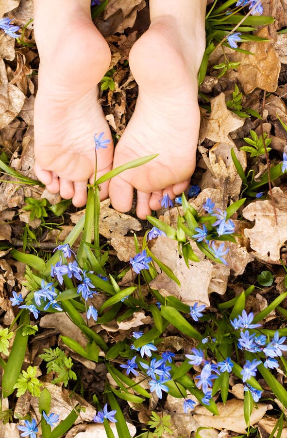 Barefooted tender woman s feet in spring flowers