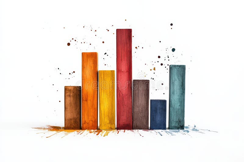 Barele de lemn vibrante creează un grafic colorat care prezintă tendințe ale datelor cu o pată creativă de vopsea pe un fond alb stock illustration