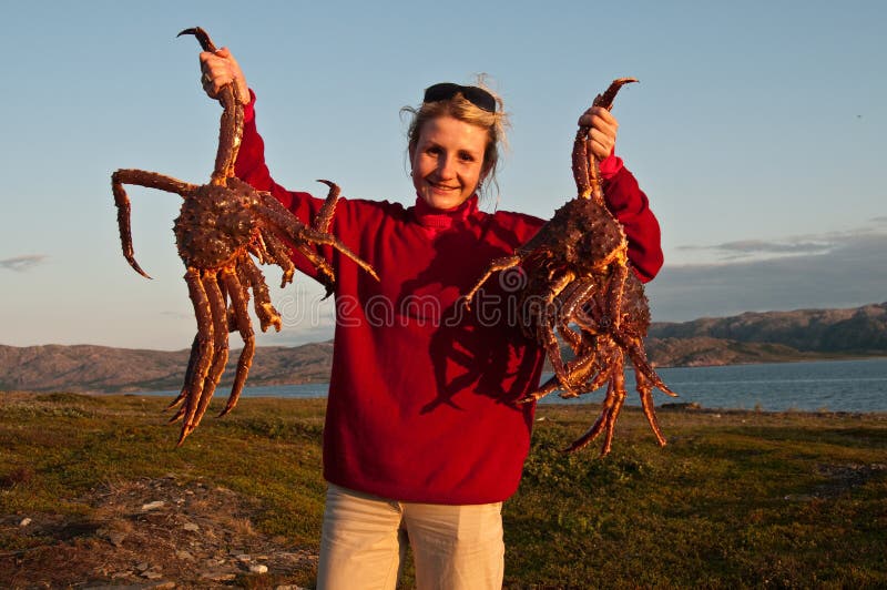 Barents sea diver with king crabs
