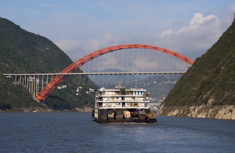 Barge and Bridge Yangtze River China Cruise Stock Image Image of
