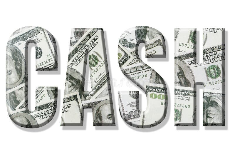 Cash word superimposed on one hundred dollar bill background over white. Cash word superimposed on one hundred dollar bill background over white