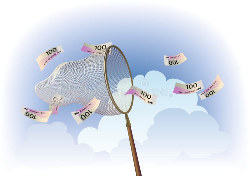 A butterfly net is catching banknotes flowing by wind. A butterfly net is catching banknotes flowing by wind.