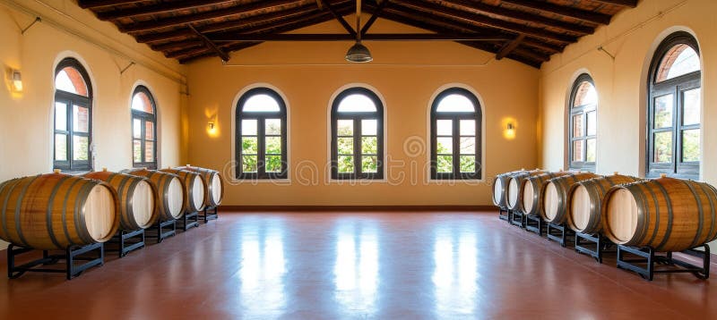 Barili di quercia di cantina tradizionale in una cantina rustica con finestrini ad arco e soffitto di trave di legno illustrazione vettoriale
