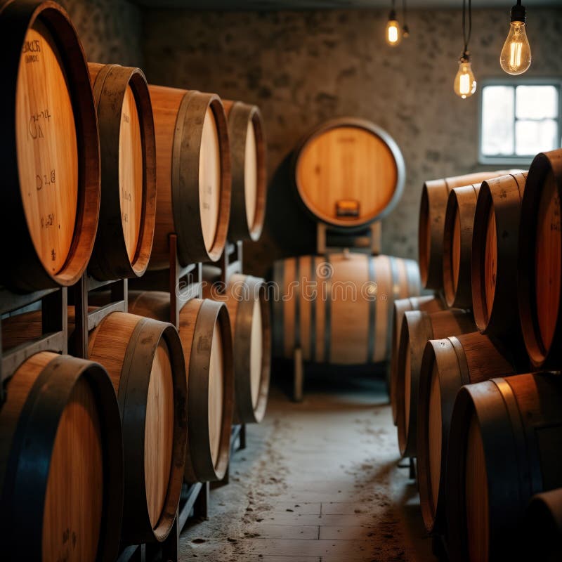 Barili di vino di legno in vecchie cantine. locale per la produzione di vernici in rustico. processo di fermentazione del vino. tr royalty illustrazione gratis