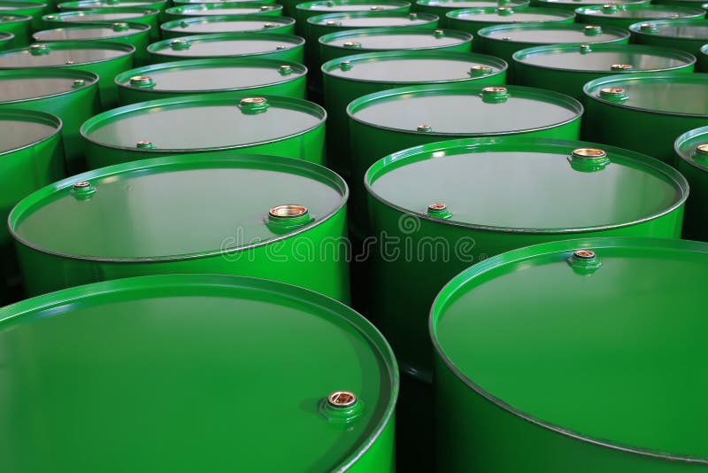 Metal barrels of green color. Metal barrels of green color