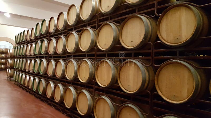 Barils en bois avec du vin empilé dans la cave photo stock Barils en bois avec du vin empilé dans la cave photo stock