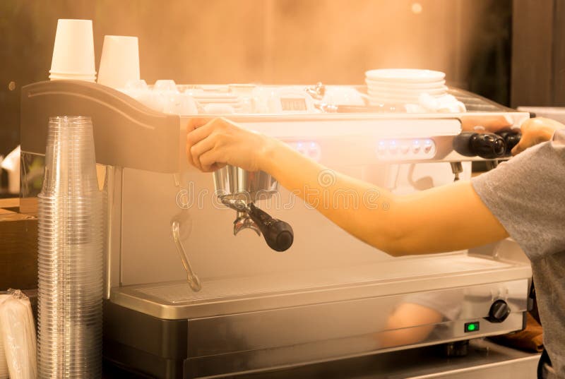Barista Cleaning Portafilter on Coffee Machine Stock Photo Image of light, detail 96823482
