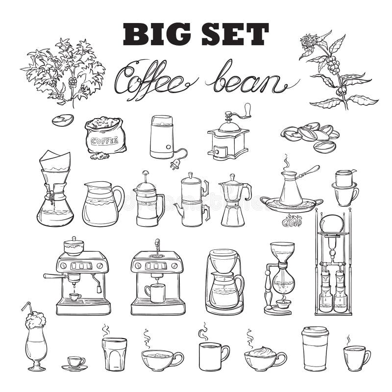 Premium Vector  Hand drawn linear set with coffee stuff and equipment