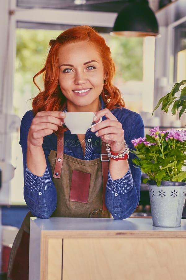 Barista femminile in una piccola caffetteria fotografie stock libere da diritti
