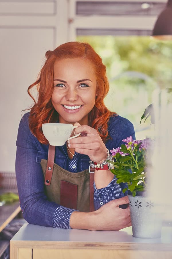 Barista femminile in una piccola caffetteria fotografia stock libera da diritti