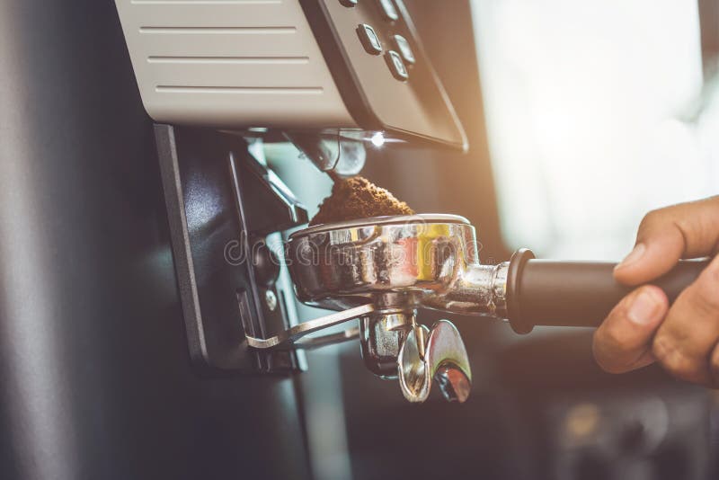 Barista Making Coffee Grinding Freshly Roasted Coffee Beans with