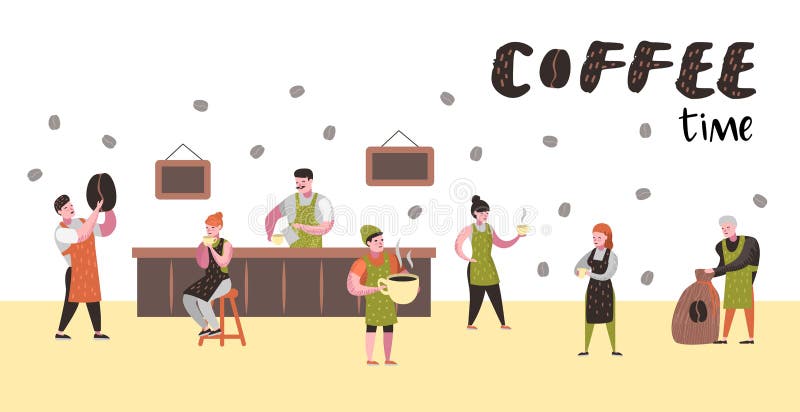 Barista Man y caracteres planos de la mujer en cafetería Personal del café de la historieta con el cartel de los granos de la taz ilustración del vector Barista Man y caracteres planos de la mujer en cafetería Personal del café de la historieta con el cartel de los granos de la taz ilustración del vector