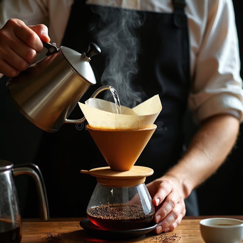 Barista pours varmvatten över kaffeområden i en påfyllnadstrumpor. Aromatisk färskdryck vid kafé eller i hemmet. royaltyfri illustrationer