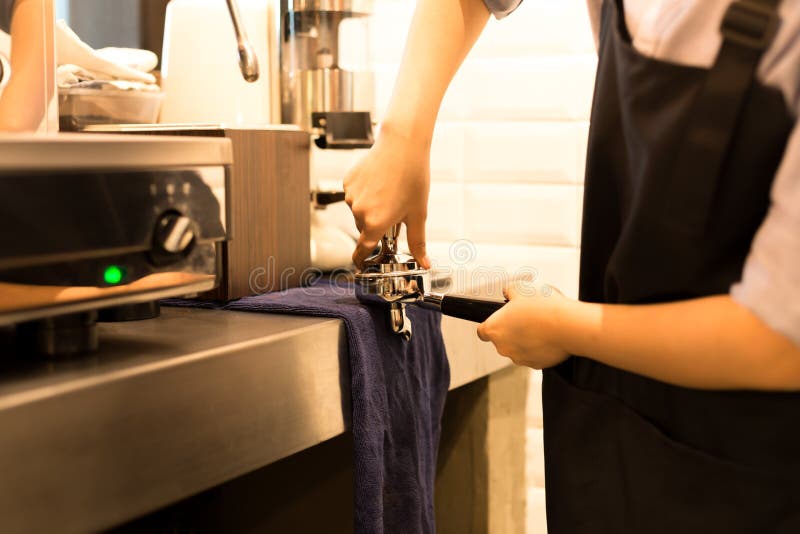 Barista Presses Ground Coffee Using Tamper Stock Image Image of