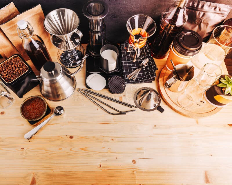 Barista`s Workplace Accessories and Utensils for Making Coffee Drinks on a  Wooden Table Stock Image - Image of bean, alternative: 177332777