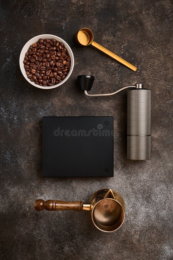 Barista Tools on Dark Background, Coffee Making Concept in a Cafe, Flat