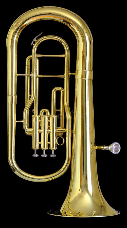 A used brass baritone on a solid black background. A used brass baritone on a solid black background.