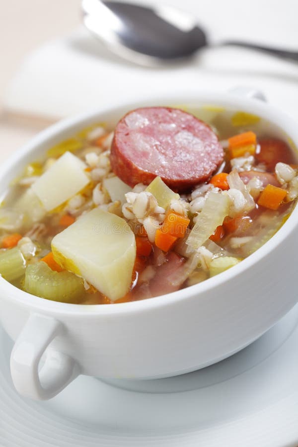 Barley soup with sausage stock image. Image of dinner 17941015
