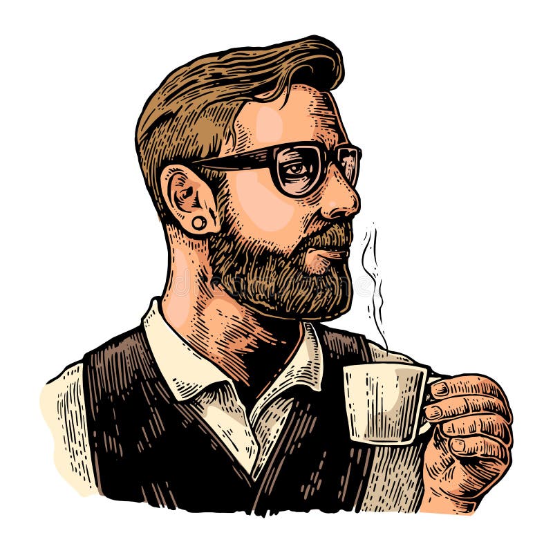 Barman de hippie avec la barbe tenant une tasse de café chaud illustration stock Barman de hippie avec la barbe tenant une tasse de café chaud illustration stock