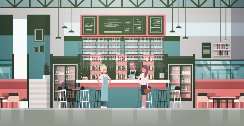 Barman do material da barra, garçom And Administrator Standing no contador sobre garrafas do álcool e vidros no fundo ilustração royalty free Barman do material da barra, garçom And Administrator Standing no contador sobre garrafas do álcool e vidros no fundo ilustração royalty free
