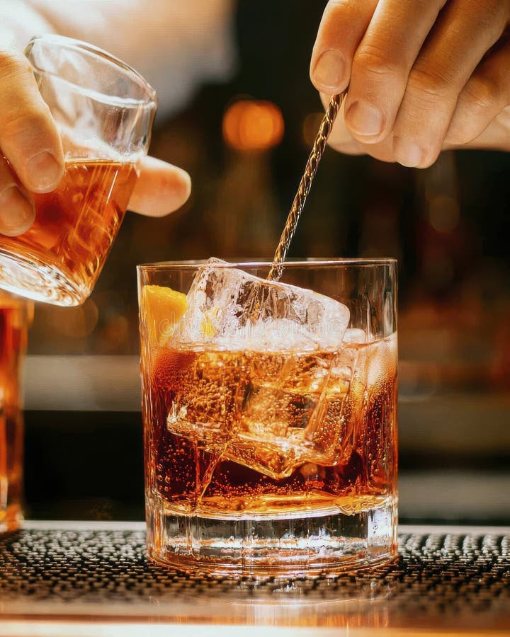 Barman Mieszający Koktajl Bursztynowy z Lodem i Orange Slice royalty ilustracja
