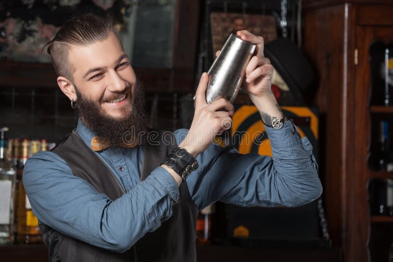 Barman Cocktail Shaker Friends Drinking at Bar Stock Image - Image of ...