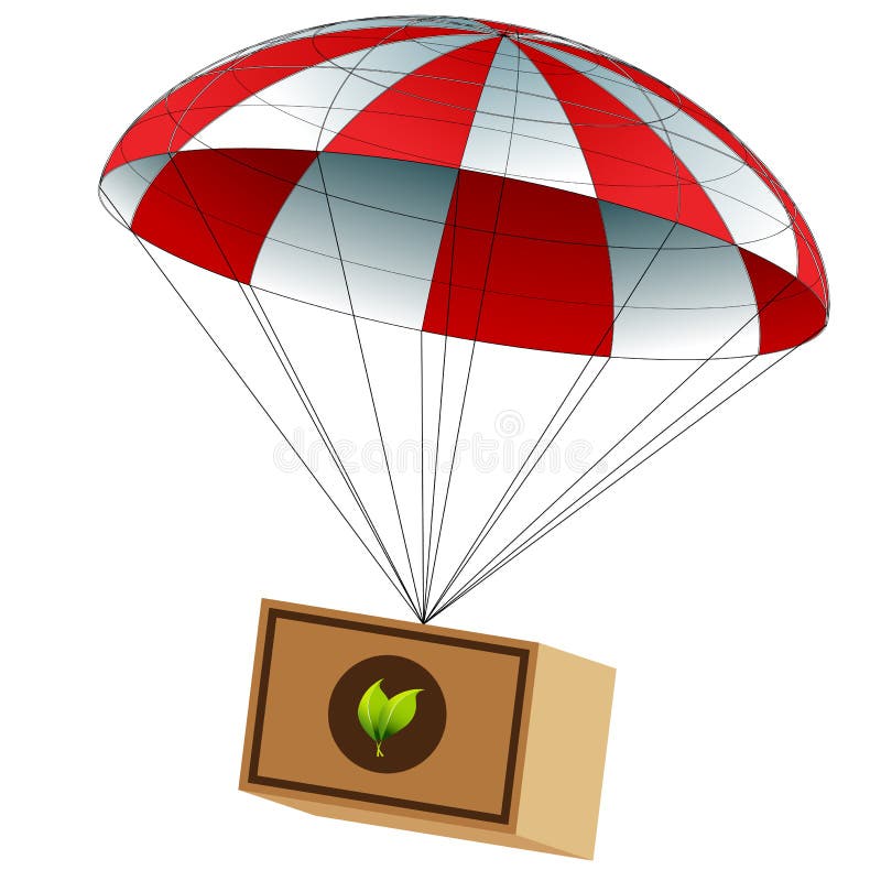 An image of a charitable food supply package attached to a parachute. An image of a charitable food supply package attached to a parachute.
