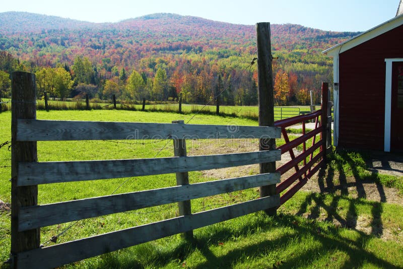 Stodola s podzim listí v pozadí, New Hampshire.