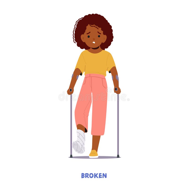 Barn-flickstecken med fotfraktur som bär ett gips eller en spets med begränsad rörelsevektorillustration. stock illustrationer