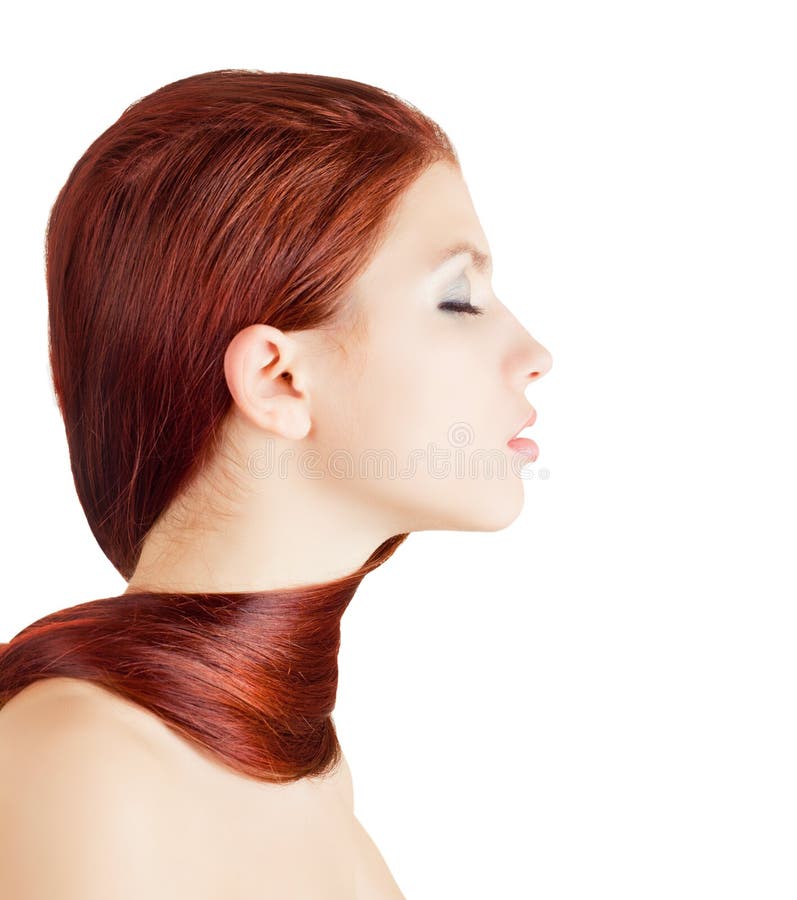 Young girl wrapped with her hair on white background. Young girl wrapped with her hair on white background