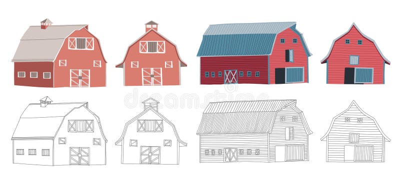 Barn Illustrations in Two Forms Including Editable Line Drawings Stock