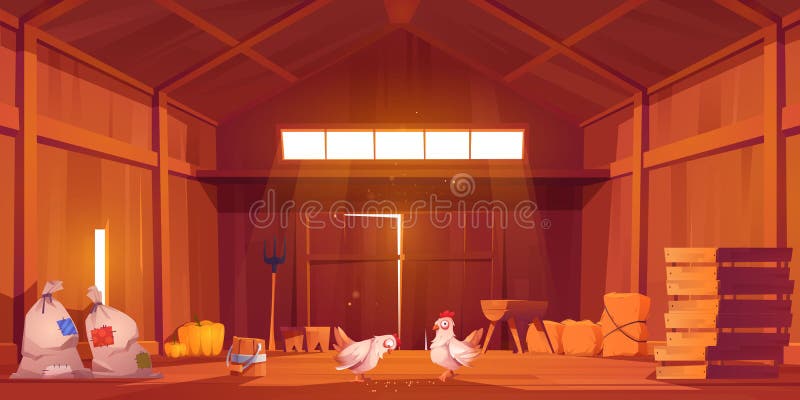 Barn interior with chicken, farm house inside view. Wooden ranch with haystacks, sacks, fork, huge gate and window under roof. Traditional countryside storehouse building Cartoon vector illustration