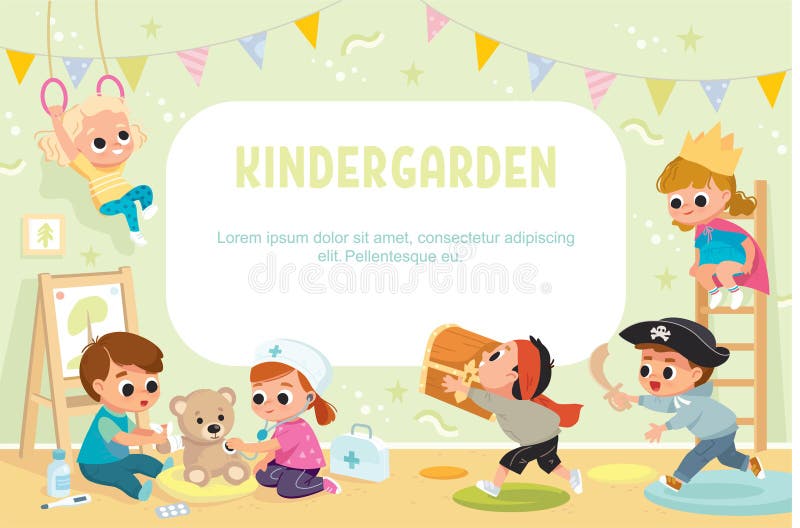 Children play in kinder garden. Kids doing role play. Preschool kids have fun. Children play in kinder garden. Kids doing role play. Preschool kids have fun.