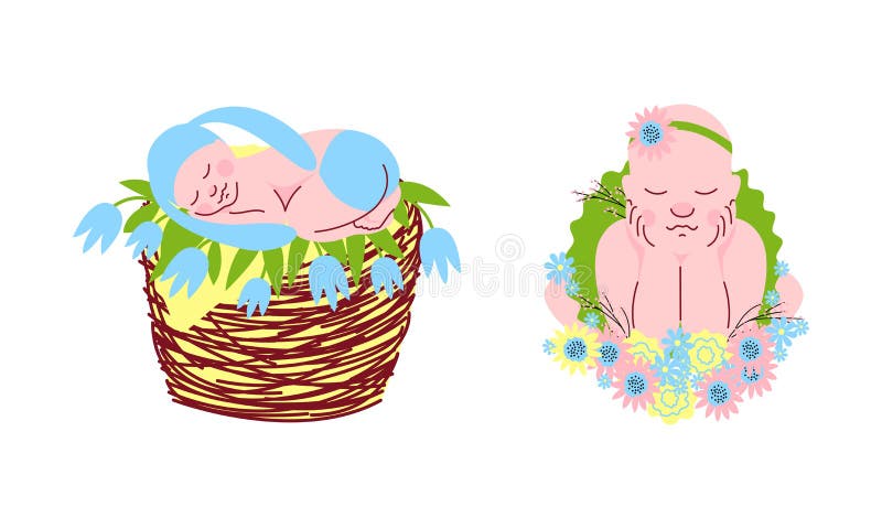 Barn med goda sovkupor sätter nyfödda i blommor och teckningsvektor med korgset stock illustrationer
