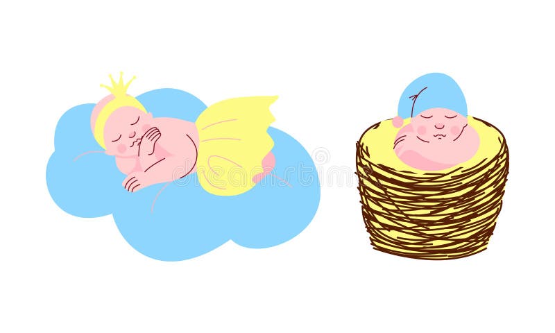 Barn med goda sovkupor sätter nyfödda som sover på molnet och tecknad teckningsvektor för korgset. stock illustrationer