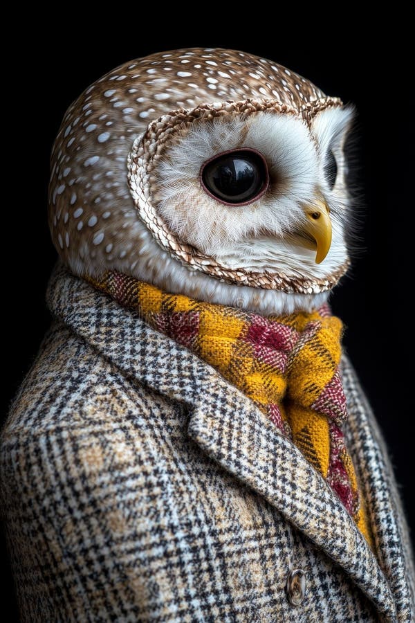 Barn Owl in Tweed Suit and Yellow Scarf, Elegant Anthropomorphic Portrait, Dark Background stock illustration