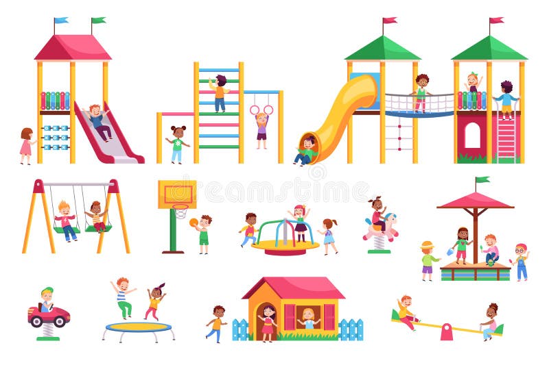 Barn på lekplats. Barn som syr och glider av trädgårdsodlade, färgstarka, ljusa älgar små barn leker i parkkaruseller och vektor illustrationer