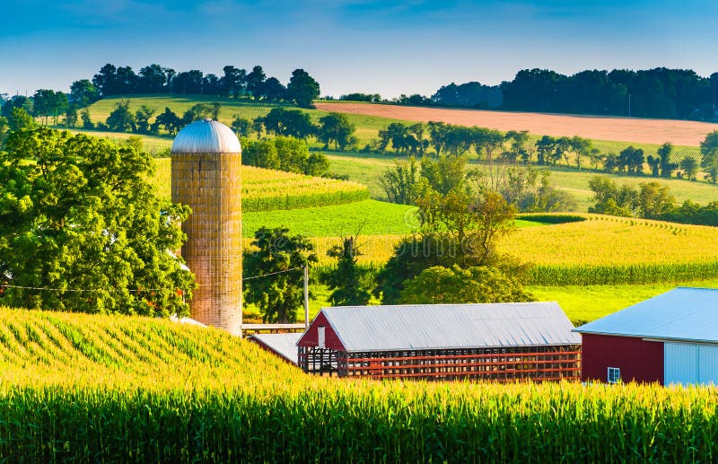 Home and Barn on the Farm Fields and Rolling Hills of Southern York