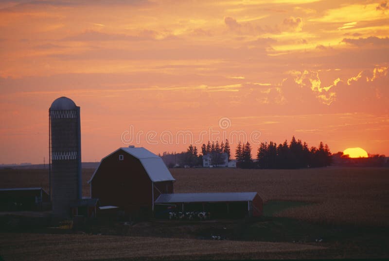 Barn and Silo at sunset